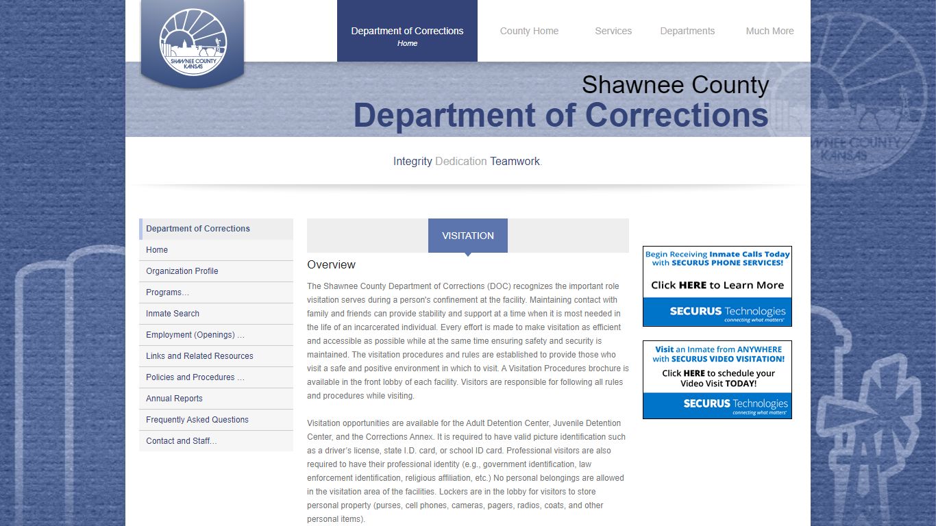 Visitation · Programs · Department of Corrections (Shawnee County, Kansas)
